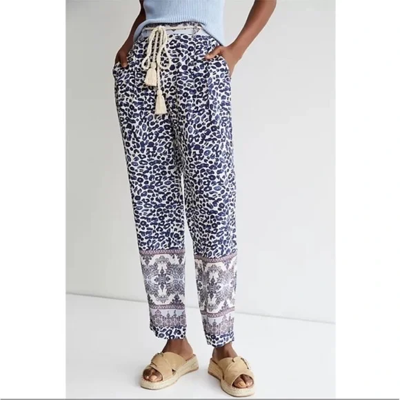Ollari Anthropologie Leopard Print Tassel Lightweight Boho Tapered Pants - Picture 3 of 10